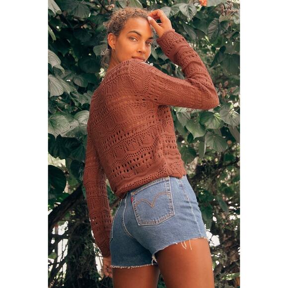 Lulus Only Yours Crochet Ruched Cinch Front Top Size Small Mauve Long Sleeve - Picture 2 of 8